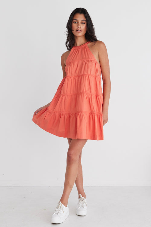 Levitate Watermelon High Neck Tiered Mini Dress WW Dress By Rosa.   