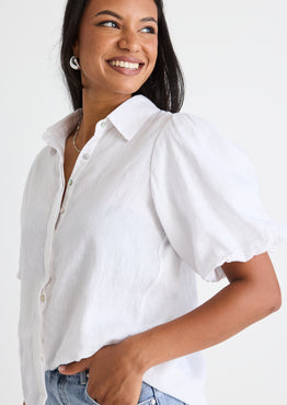 Rested White Linen Bubble Sleeve Shirt