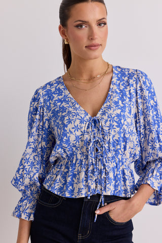 Liberation Blue Floral Bow Front Short Sleeve Top