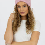 Model wears Pink Wool Blend Beanie