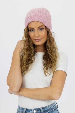 Model wears Pink Wool Blend Beanie