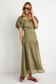 Pepe Khaki Linen Pintuck Waist Tiered Midi Skirt