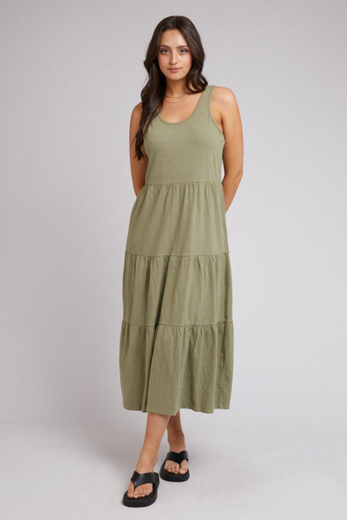 Shop Linen Cotton Khaki Tiered Midi Dress Online | Flo & Frankie
