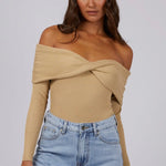 model wears Tan Off Shoulder Knit Top