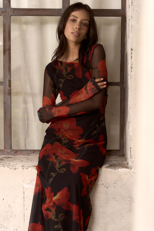 Shop Location Red Floral Mesh LS Wide Neck Midi Dress | Flo & Frankie Shop Location Red Floral Mesh LS Wide Neck Midi Dress | Flo & Frankie