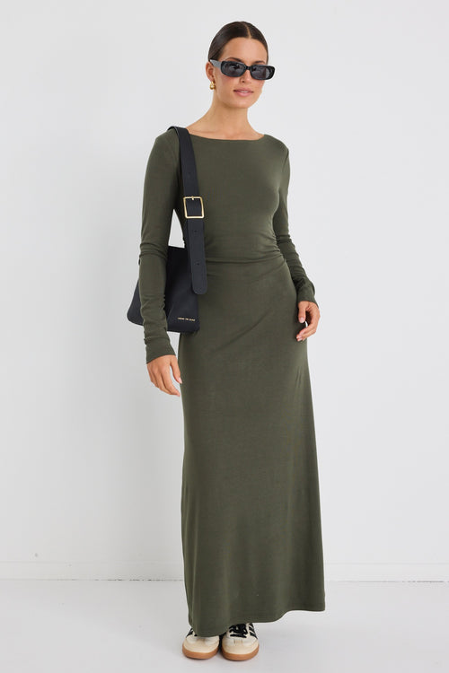 Shop Location Khaki Jersey LS Wide Neck Midi Dress | Flo & Frankie Shop Location Khaki Jersey LS Wide Neck Midi Dress | Flo & Frankie