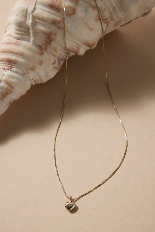 Necklace with a heart pendant on a beige surface next to a shell