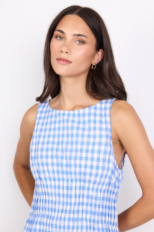 A woman wearing a sleeveless blue and white gingham top, photographed against a plain light background.