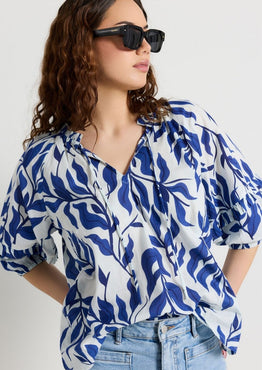 model wears Blue Floral Print Cotton Top