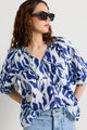 Luminary Blue Porcelain Print V Neck Short Sleeve Top