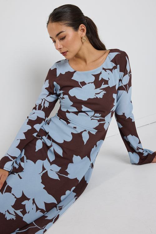 Shop Luminous Brown Blue Floral Fluted Sleeve Bias Maxi Dress | Flo & Shop Luminous Brown Blue Floral Fluted Sleeve Bias Maxi Dress | Flo &