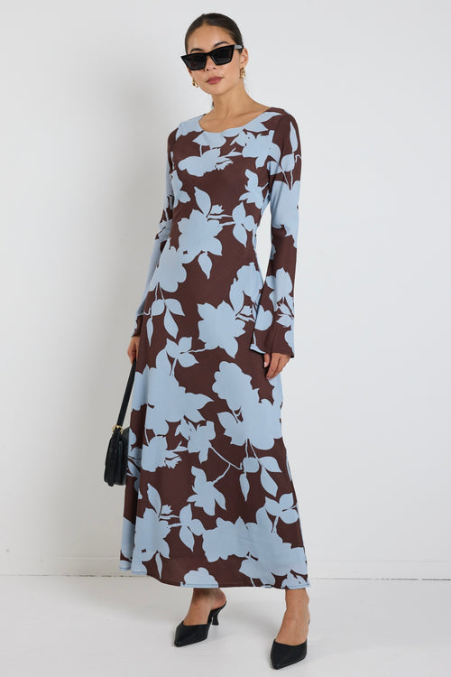 Shop Luminous Brown Blue Floral Fluted Sleeve Bias Maxi Dress | Flo & Shop Luminous Brown Blue Floral Fluted Sleeve Bias Maxi Dress | Flo &
