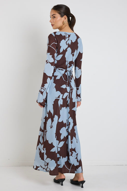 Shop Luminous Brown Blue Floral Fluted Sleeve Bias Maxi Dress | Flo & Shop Luminous Brown Blue Floral Fluted Sleeve Bias Maxi Dress | Flo &