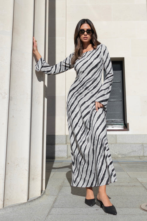 Shop Luminous Charcoal Irregular Stripe Fluted Sleeve Bias Maxi Dress Shop Luminous Charcoal Irregular Stripe Fluted Sleeve Bias Maxi Dress