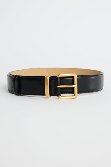 Black belt with a gold buckle on a white background