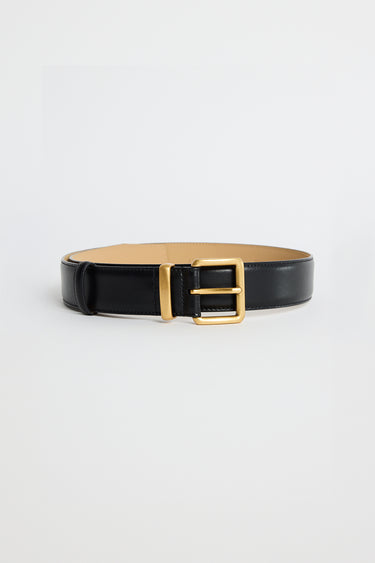 Luxe Black Leather Matte Gold Buckle Belt