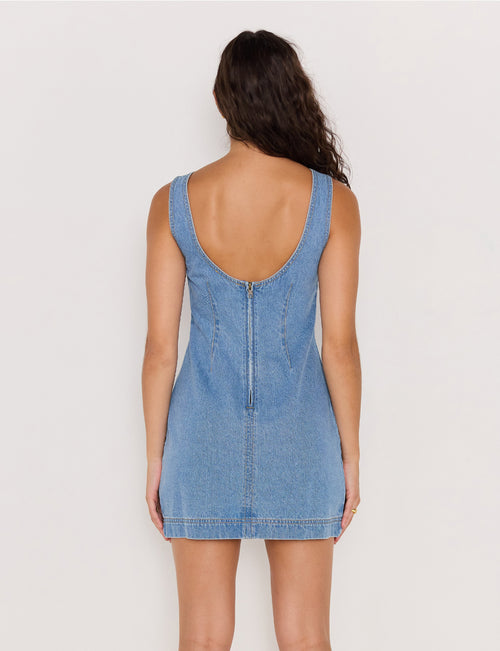 Shop Miles Mid Blue Sleeveless Denim Mini Dress | Flo & Frankie Shop Miles Mid Blue Sleeveless Denim Mini Dress | Flo & Frankie