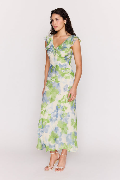 carrie maxi dress green multi Shop Carrie Green Watercolour Floral Ruffled SS Midi Dress