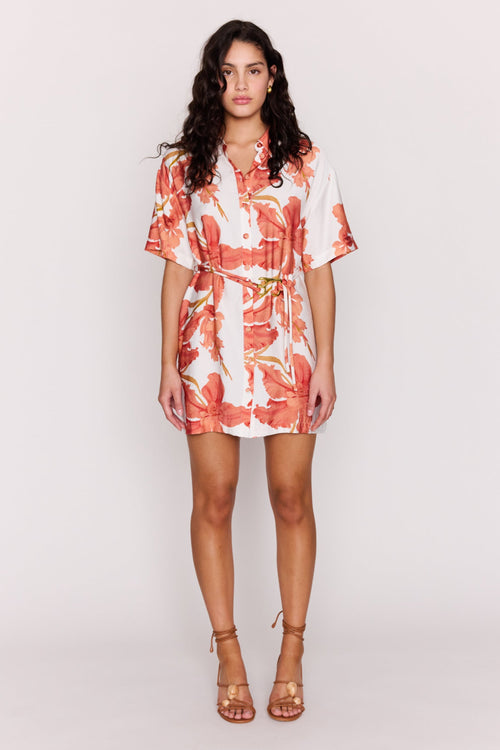 Woman wearing a floral dress on a white background