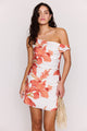 Isla Peach Floral Asymmetric Off Shoulder Mini Dress