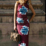 Fiorella Wine Blue Floral Mesh Sleeveless Midi Dress