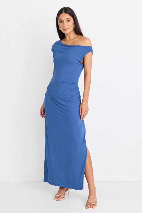 Blue off the shoulder maxi dress hotsell