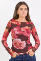 Magnitude Chocolate Red Floral Mesh Long Sleeve Mesh Top