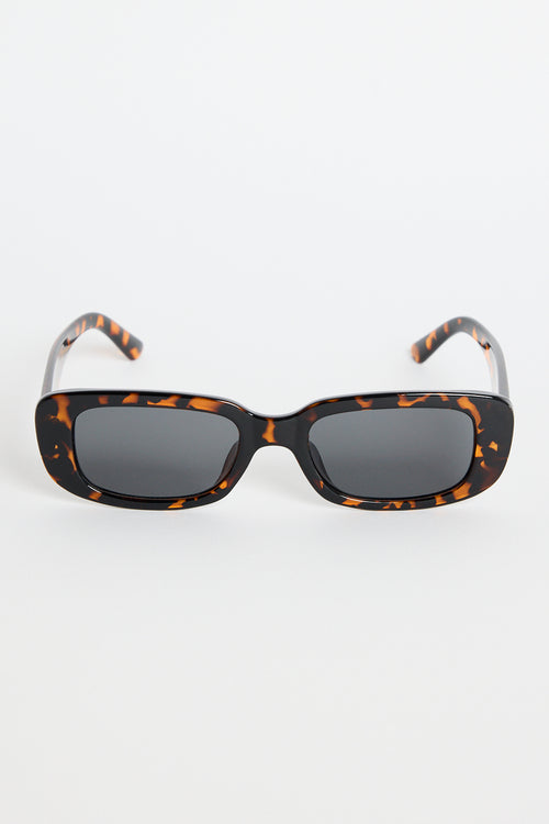 Rectangular brown tortoiseshell sunglasses with dark tinted lenses, photographed on a white background