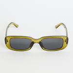 Rectangular translucent olive sunglasses with dark tinted lenses, photographed on a white background