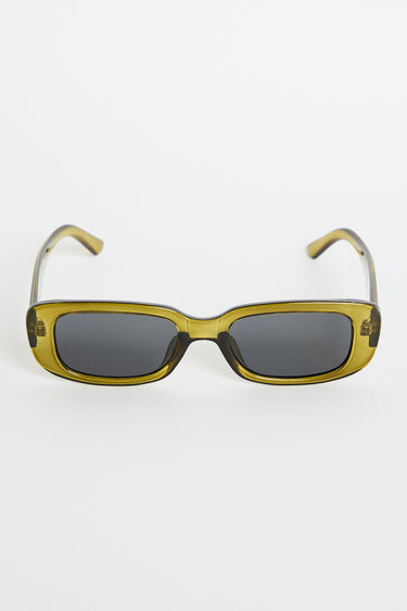 Rectangular translucent olive sunglasses with dark tinted lenses, photographed on a white background