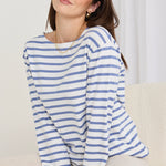 model wears a blue stripe shirt