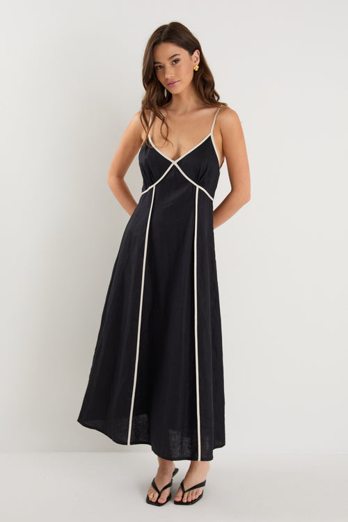 Shop Marine Black Contrast Piped Linen Strappy Maxi Dress | Flo & Fran Shop Marine Black Contrast Piped Linen Strappy Maxi Dress | Flo & Fran