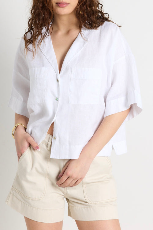 model wears a white linen shirt 