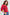 Woman wearing a red blouse with puff sleeves and blue jeans on a white background