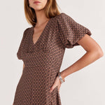 Memoir Brown Geometric Print Puff Sleeve Midi Dress