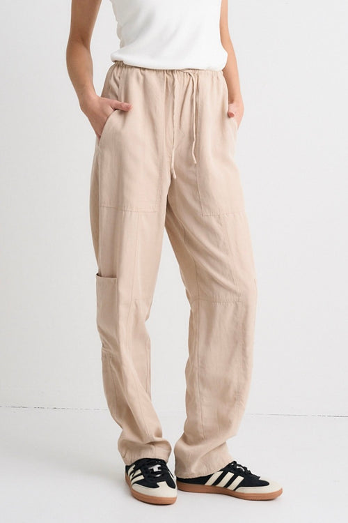 model wears Beige Cargo Pants