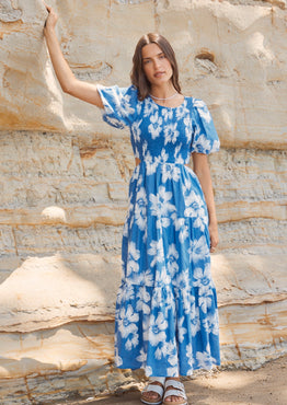 Milano Blue Hibiscus Bubble Sleeve Tiered Maxi Dress