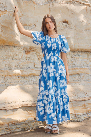 Milano Blue Hibiscus Bubble Sleeve Tiered Maxi Dress