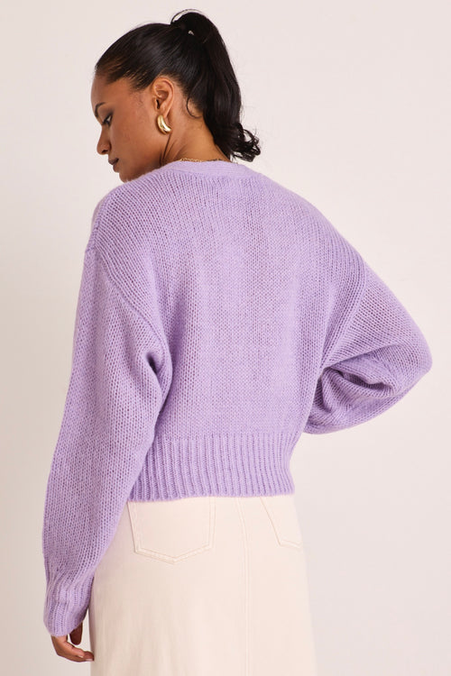 model wears a purple cardigan