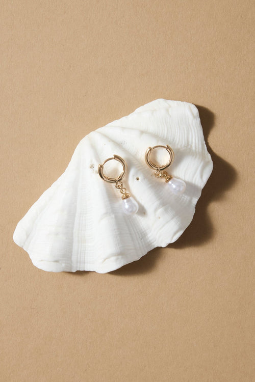 Gold hoop earrings on a white shell against a beige background