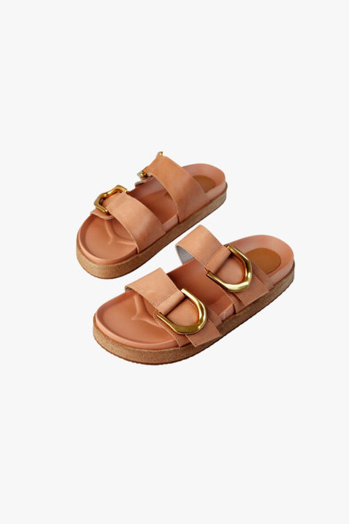 Mint Tan Leather Buckle Slide ACC Shoes - Slides, Sandals Walnut   