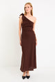 Mirror Chocolate Linen Blend One Shoulder Bow Midi Dress