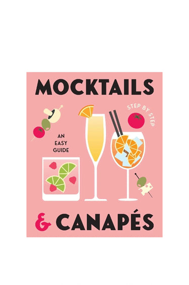Book cover of 'Mocktails & Canapés' with cocktail illustrations on a pink background