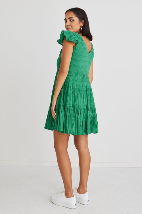 Molly Palm Green Shirred Cotton Sleeveless V-Neck Tiered Mini Dress WW Dress Ivy + Jack   