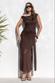 Monarch Chocolate Mesh Off Shoulder Maxi Dress
