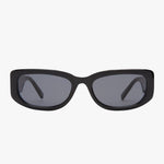 Black rectangular sunglasses with narrow frames and khaki-tinted mono lenses.