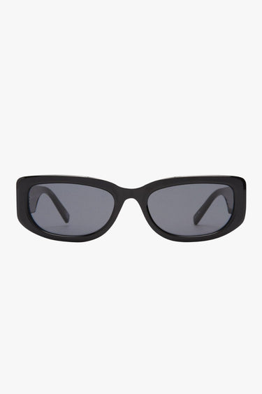 Black rectangular sunglasses with narrow frames and khaki-tinted mono lenses.