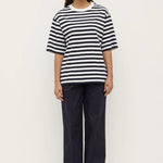 Model wearing striped t-shirt