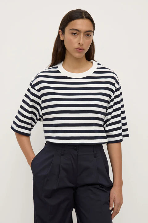Model wearing striped t-shirt
