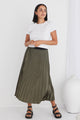 Radiant Moss Washer Satin Pleated Midi Skirt